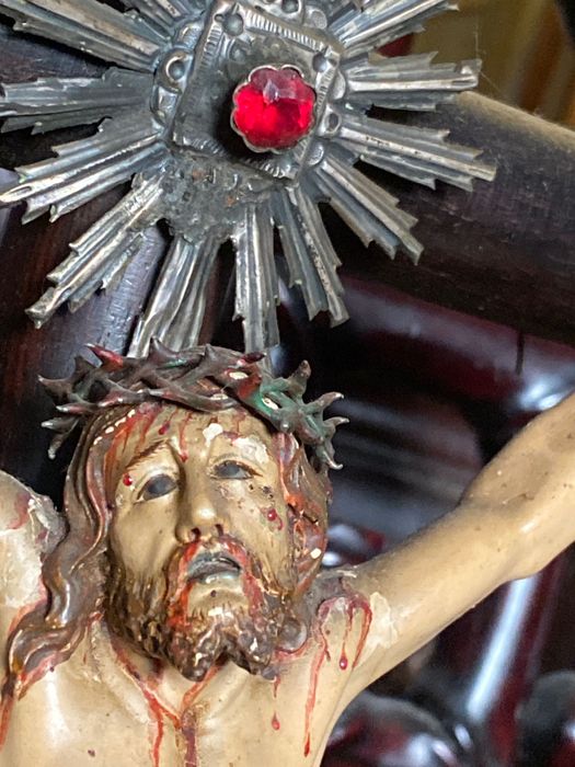 Crucifixo Pau-Santo Cristo Madeira Séc XIX Resplendor Prata 54,5 cm