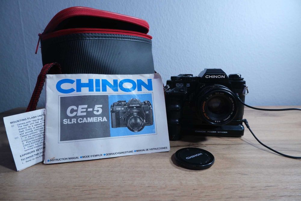 Aparat na film Chinon CE-5 z Auto Chinon 50mm f/1.9 Chinon PW-530 Gliwice Sikornik
