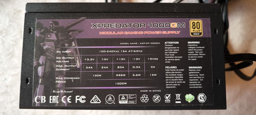 Fonte alimentação Aerocool XPredator 1000GM 1000W power supply