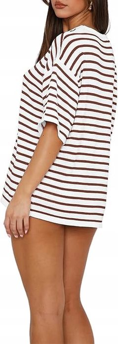 Damski dres dwuczęściowy, wiskozowy, w paski, XL, biało-brązowy