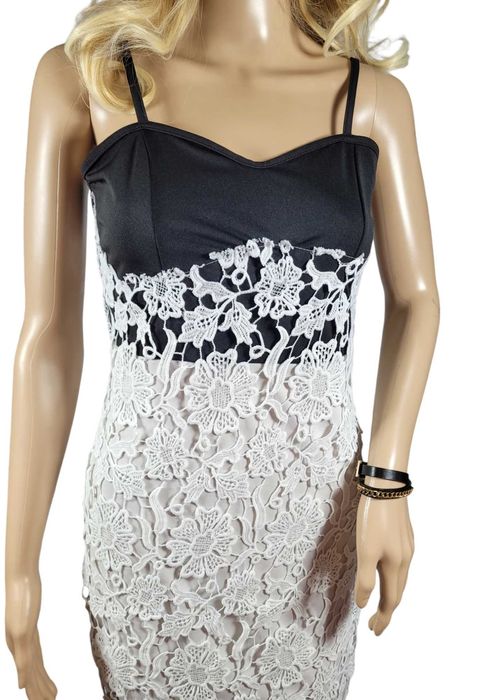 Elegancka czarna biała sukienka koronka 36,S/38,M