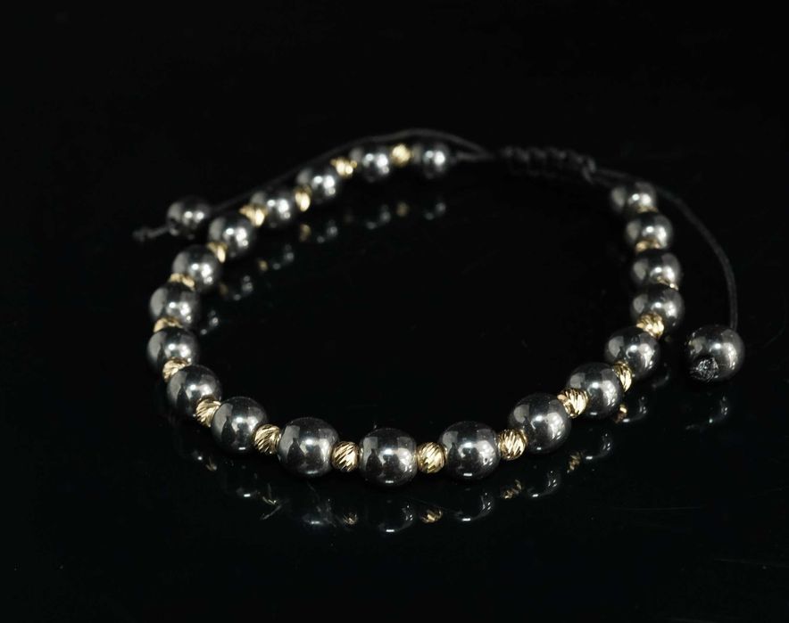 Złoto 585 - Złota bransoletka na sznurku jubilerskim z hematytami