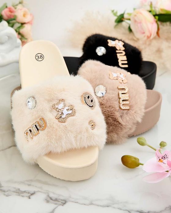 3 KOLORY 36 37 38 klapki 39 40 MIU na platformie z futerkiem ozdobami