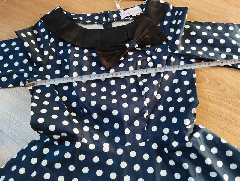 Granatowa Retro sukienka w grochy S z rękawem 3/4 vintage pin up