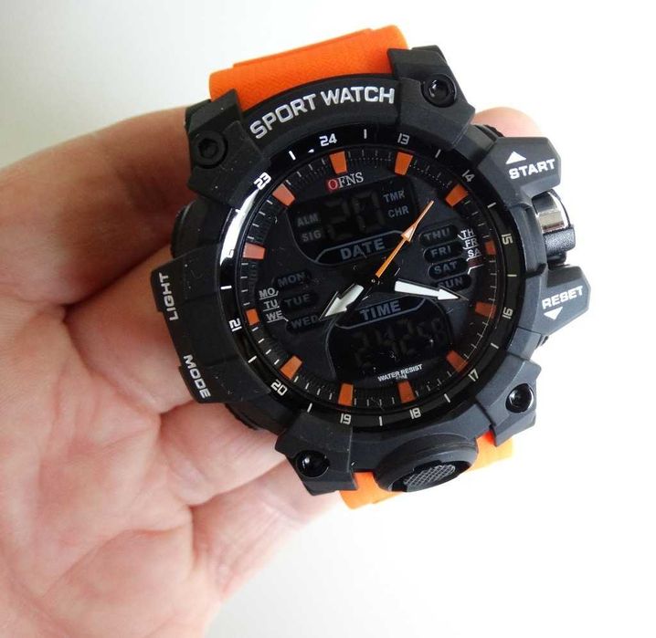 Zegarek męski OFNS elektroniczny timer Dual time pomarańczowy wojskowy