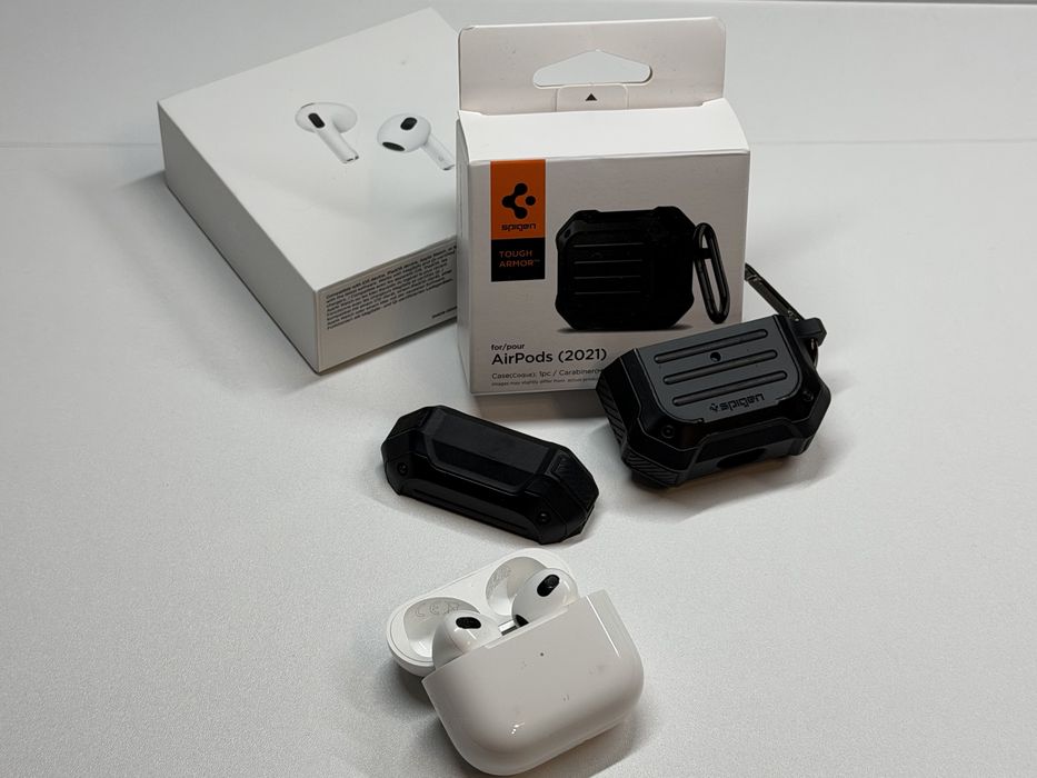 Apple AirPods 3 (3. generacji) ORYGINALNE + Pancerne Etui Spigen Tough Armor | Komplet | Box | iPhone