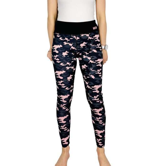 Różowo‑granatowe legginsy moro z pasem M 38