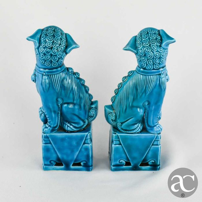 Par de Cães de Foo porcelana da China em Azul-turquesa