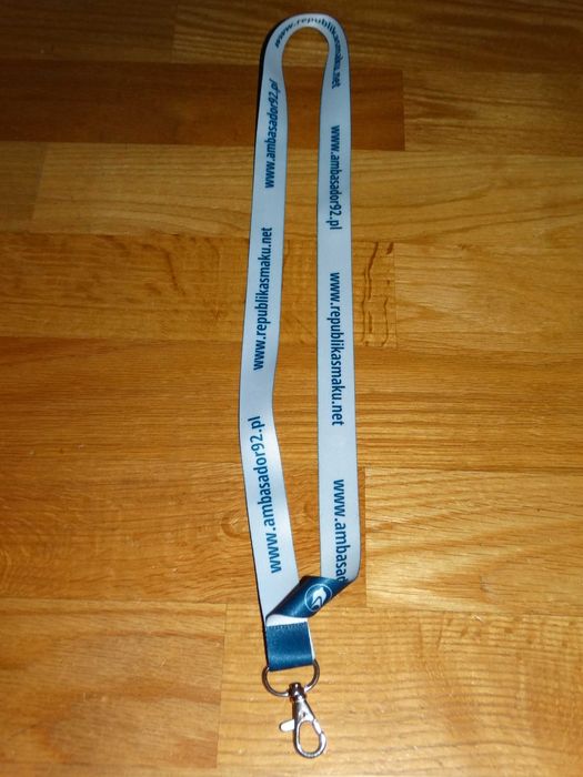 Smycz Smyczka do kluczy granatowo-biała dwustronna fajna 48 cm NOWA