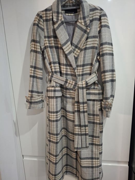 Świetny płaszcz jesienno zimowy w kratę szary L