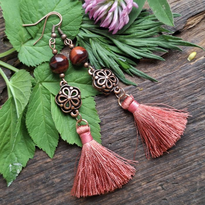 Kolczyki miedź, bawole oko, chwosty boho