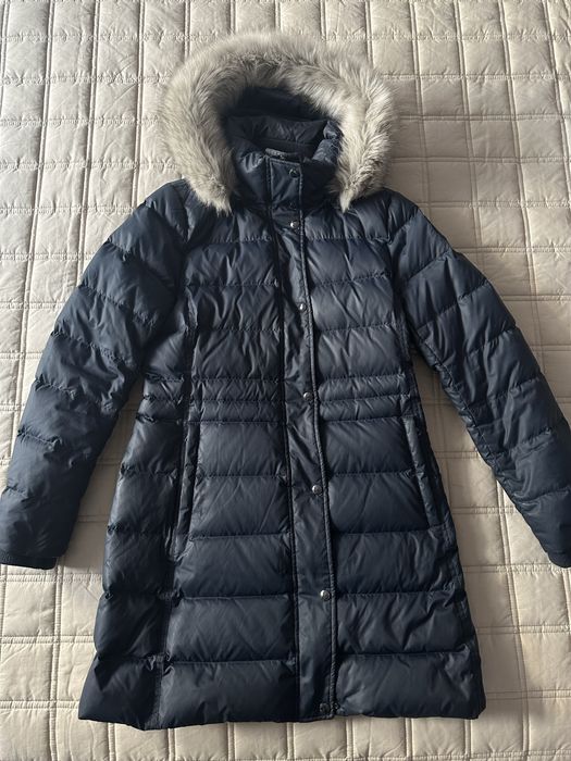 granatowy puchowy pikowany płaszcz kurtka z kapturem Tommy Hilfiger