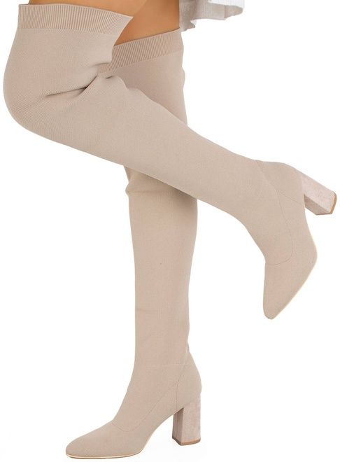 Beżowe kozaki za kolano na słupku elastyczna cholewka