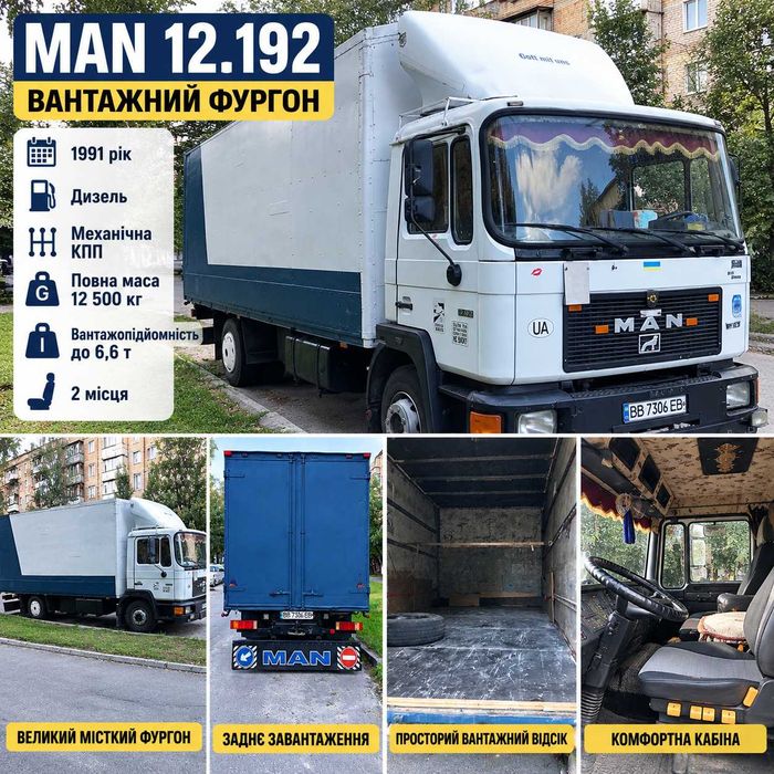 MAN 12.192 вантажний фургон 1991 р., дизель, вантажопідйомність до 6,6 т