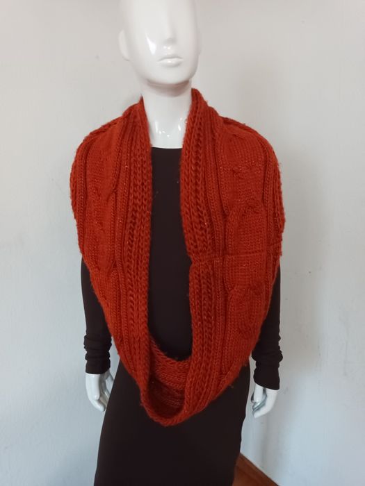 Ciepły Szal Komin 2w1 z Kapturem | Gruby Splot | Kolor Rudym/Miedziany