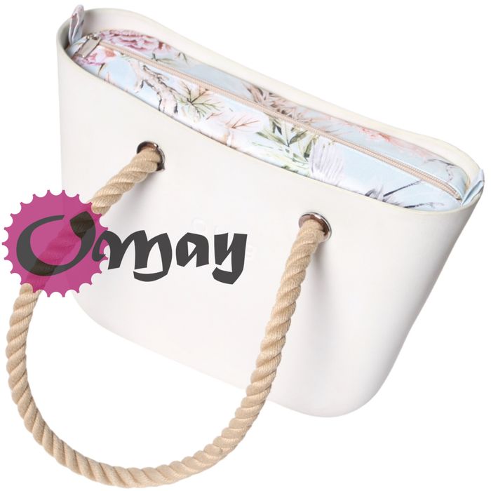 Bezowy organizer do OBAG MINI kwiaty błękit kwiaty 2 kieszenie OMAY