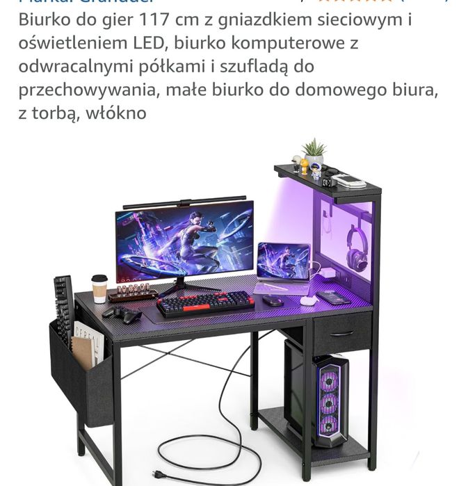Biurko gamingowe z LED czarne Nowe