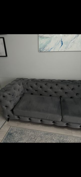 Sofa welurowa CHESTERFIELD na wymiar | szara | premium | stan bardzo dobry