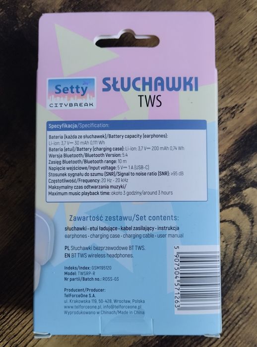 Słuchawki Bluetooth TWS  białe douszne Setty