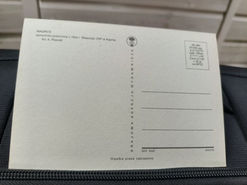 Pocztówka dla kolekcjonera 
Magirus sam. pożarniczy z 1924r