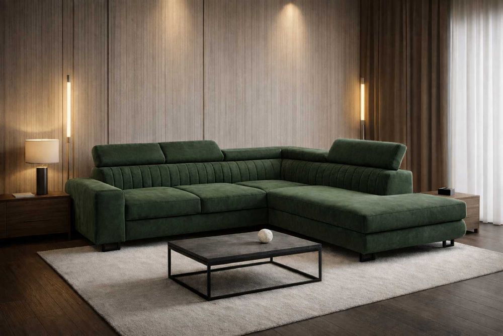 Narożnik Cassie z funkcją spania 253cm regulowane zagłówki