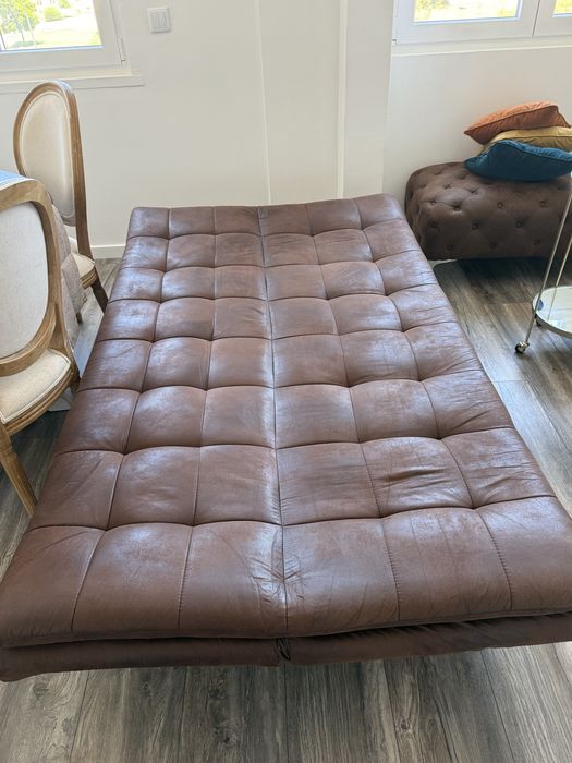 Sofá-Cama de 3 Lugares em Pele Sintética Castanha (Estilo Vintage)