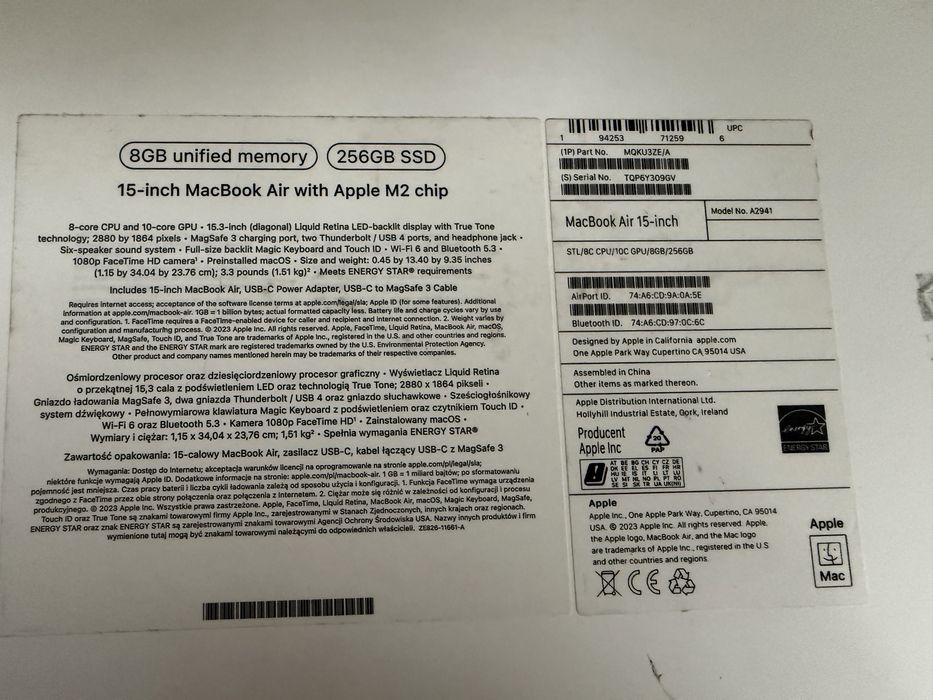 Macbook Air 15” M2 Starlight 8/256gb Stan Idealny Gwarancja 24 Miesiac