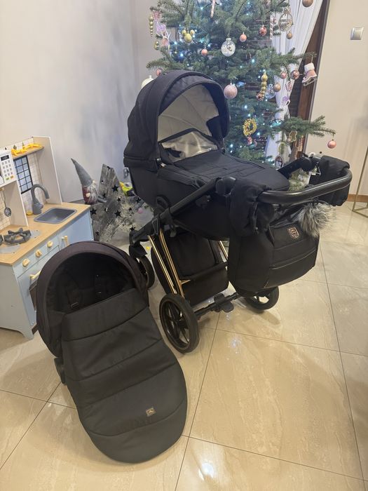 Wózek dziecięcy 2w1 – gondola + spacerówka, czarny, bogaty zestaw