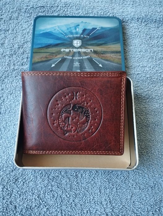 Nowy skórzany portfel męski Peterson znak zodiaku ryby skóra Peterson