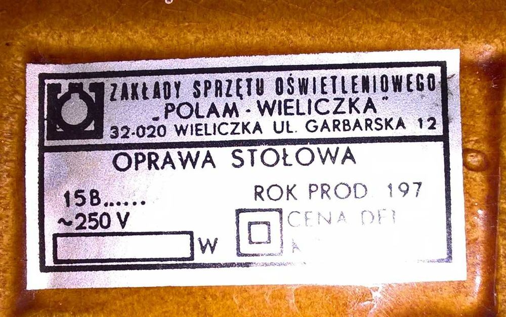 Lampa stołowa ceramiczna. POLAM - WIELICZKA. Rok 1970