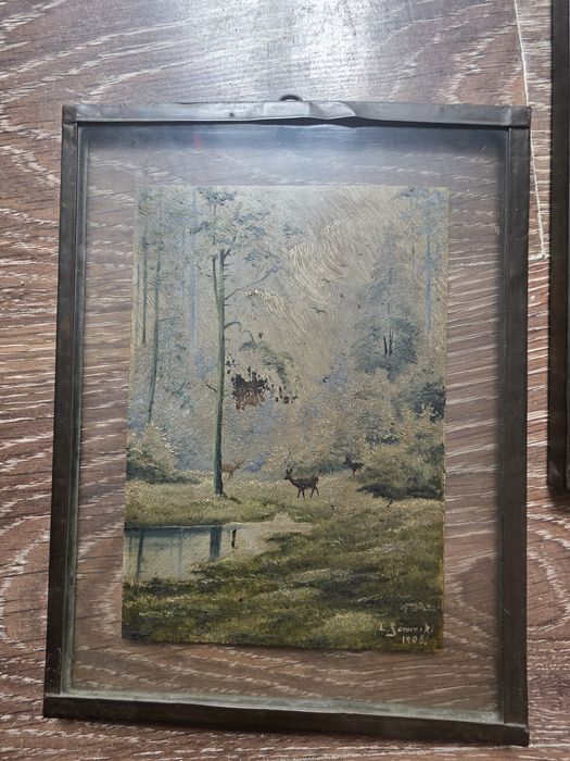 Zabytkowa para obrazów na szkle L. Sowiński 1906 r. Antyk Dyptyk