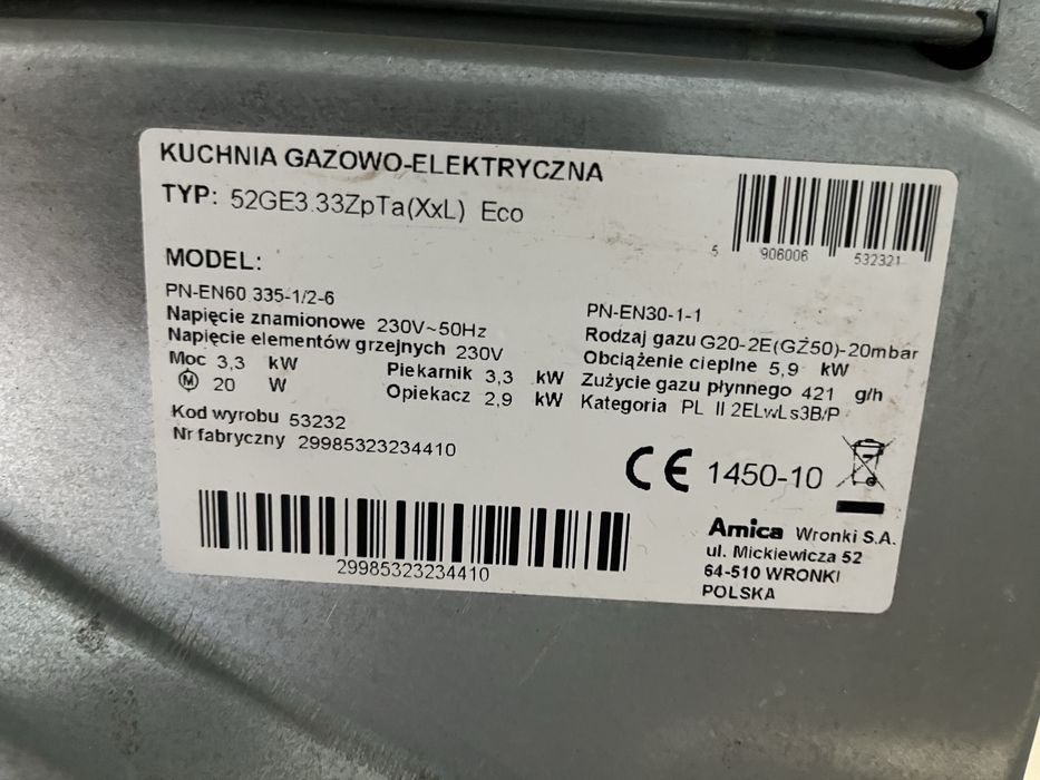 Kuchenka Amica GE 50cm |12msc |BD stan |Dowóz