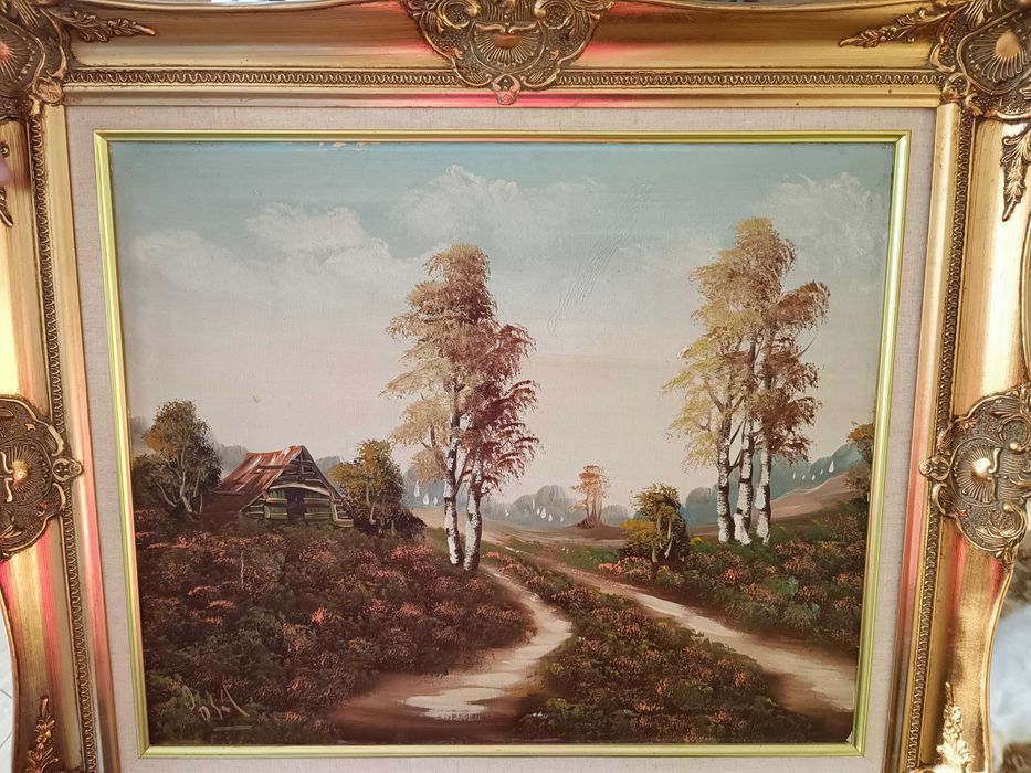 Obraz olejny na desce z pozłacana ramą.