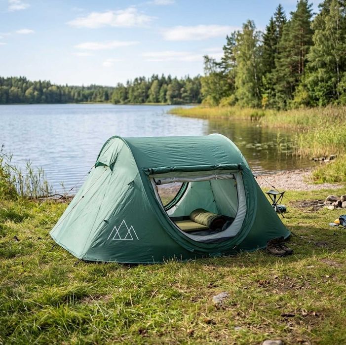 Namiot Turystyczny Kempingowy Wędkarski 3 osobowy NOWY Ogrodowy Biwak SAMOROZKŁADAJĄCY SIĘ Zielony Survival Bushcraft