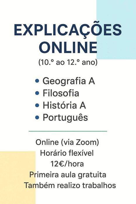 Explicações de Português, Filosofia, Geografia A e História A
