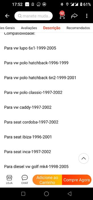 Manete  velocidades Golf e grupo VAG
