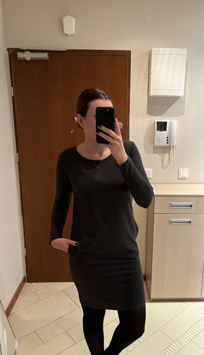 Szara bawełniana sukienka z długim rękawem L