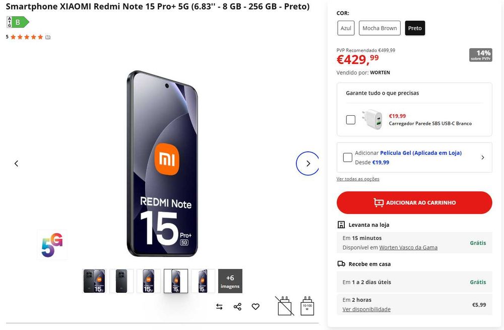 Xiaomi Redmi Note 15 Pro+ 5G – 256 GB / 8 GB RAM – Preto | Novo, caixa selada | 408,49€ - 5% DESCONTO