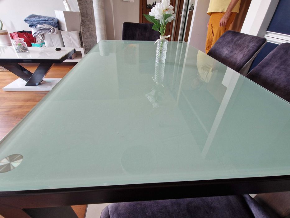Duży stół szklany 160x90 | mleczne szkło | wenge | 6 osób