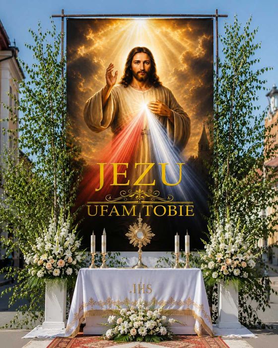 Baner Boże Ciało 150x100 cm - Jezus Miłosierny „Jezu Ufam Tobie”