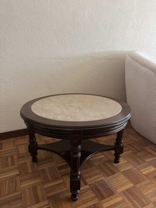 Mesa de centro vintage em madeira maciça e pedra natural