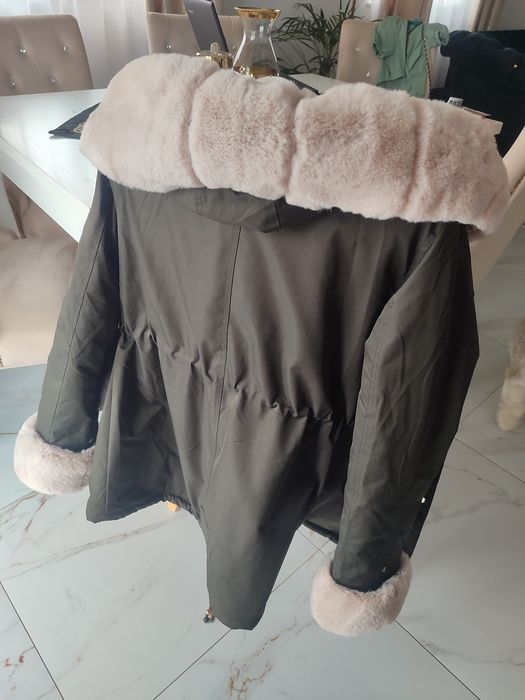 Piękna kurtka parka khaki ocieplana misiem L XL