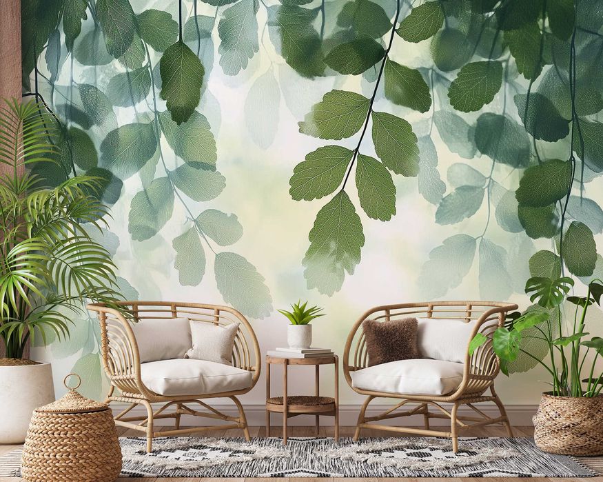 Fototapeta Zielone Opadające Liście Biel Zieleń Boho Natura 3D + KLEJ