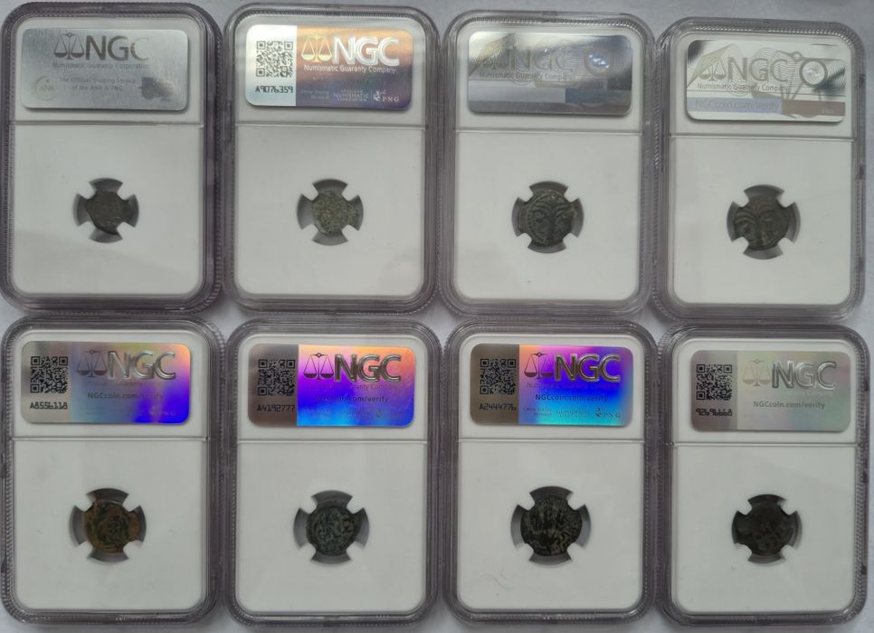 Kolekcja ośmiu monet biblijnych z Judei pierwszego wieku - grading NGC