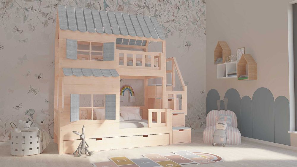 Łóżko piętrowe domek ze schodami