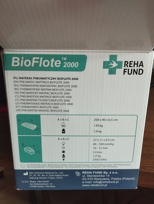Materac przeciwodleżynowy z pompą BioFlote 2000