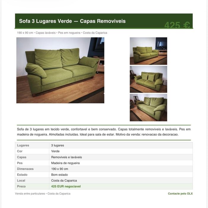 Sofa 3 Lugares Verde — Capas Removiveis