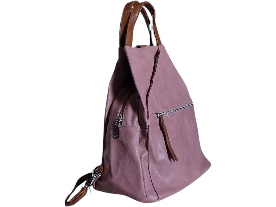 Modny Plecak Damski Worek na Ramię, 6 Kieszeni, Różowy, Ekoskóra