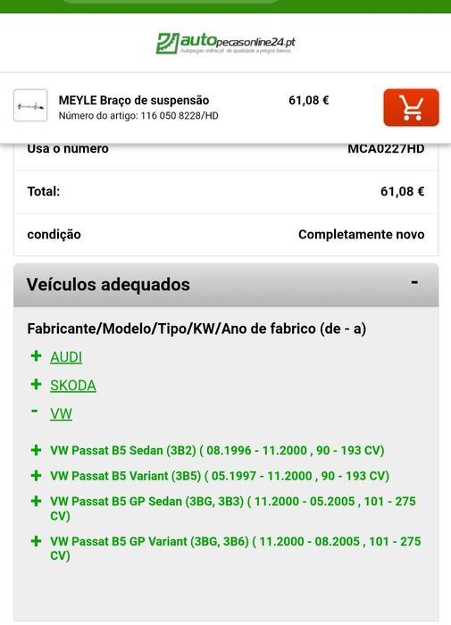 Suspensão AUDI, SKODA, PASSAT (Meylle hd quality)