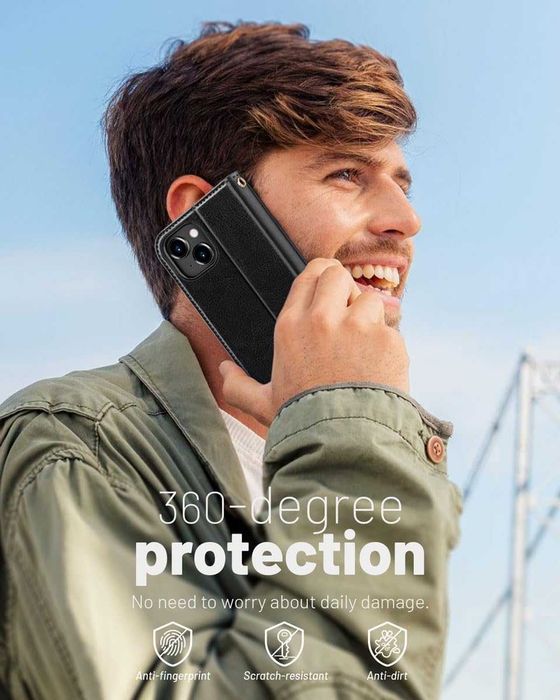 OCASE etui skórzane do iPhone 15 RFID z klapką portfel stojak czarne